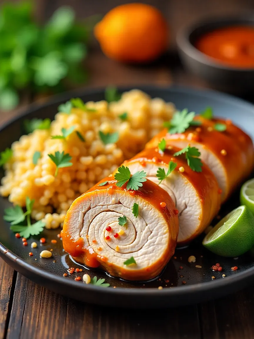 Turkey tenderloins glazed with chipotle citrus sauce, garnished with cilantro and lime on a rustic platter with extra glaze.