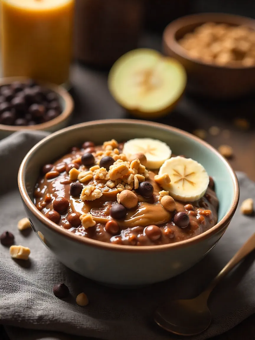 Bowl of chocolate peanut butter oatmeal topped with banana slices, nuts, and dark chocolate chips, a healthy yet indulgent breakfast recipe.