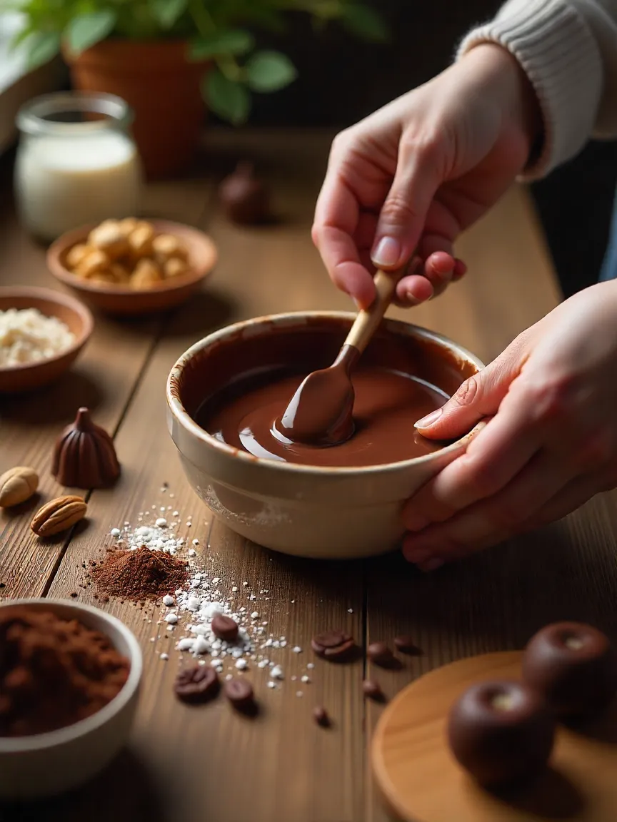Hands pouring glossy homemade chocolate into molds in a warm, cozy kitchen.
