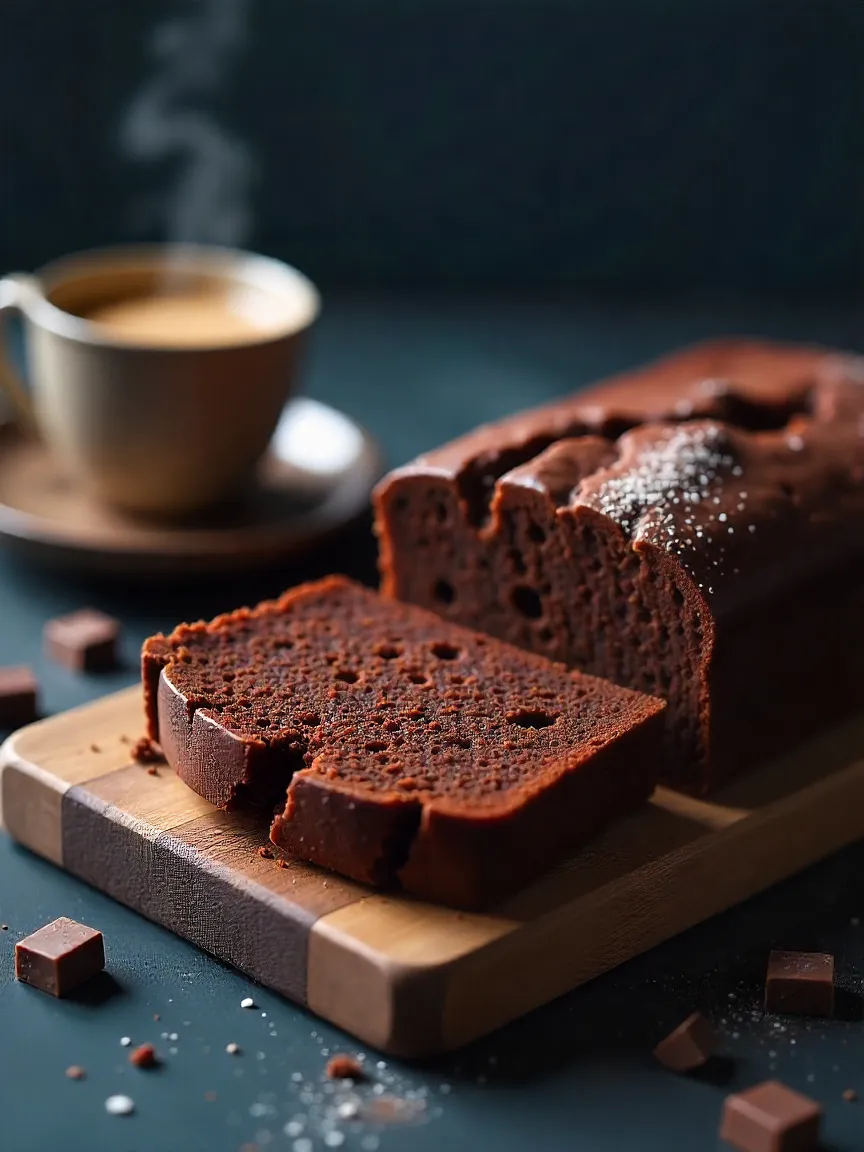 Moist one-bowl chocolate cake sliced on wooden board with chocolate chunks and coffee cup, showcasing fudgy texture.