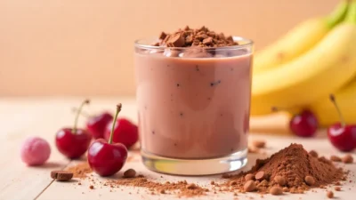 Chocolate-cherry smoothie in a glass with cherries, banana, and chocolate shavings on a light background.