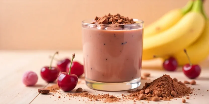 Chocolate-cherry smoothie in a glass with cherries, banana, and chocolate shavings on a light background.