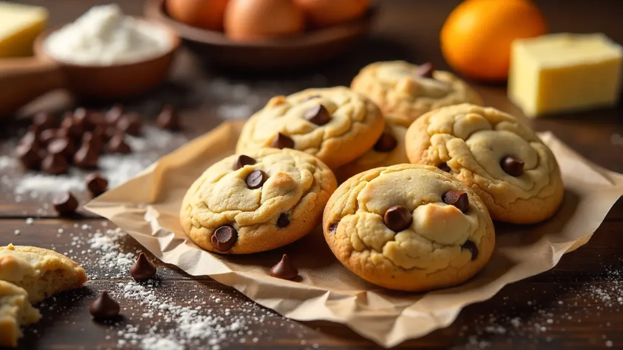 Freshly baked chocolate chip cookies with baking ingredients on a wooden table.