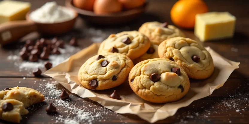 Freshly baked chocolate chip cookies with baking ingredients on a wooden table.