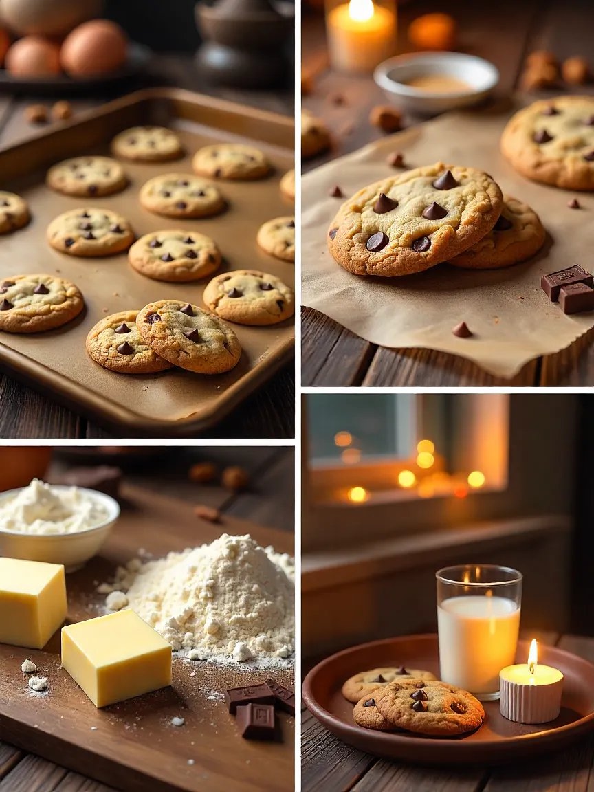 Collage of chocolate chip cookies, baking ingredients, and cozy family moments.