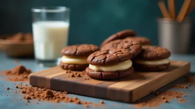 Freshly baked chocolate sandwich cookies with milk on a cozy kitchen table.