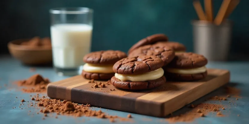 Freshly baked chocolate sandwich cookies with milk on a cozy kitchen table.