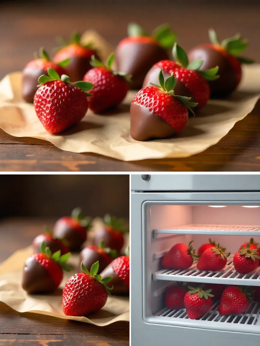 Chocolate-covered strawberries setting on parchment paper and in the fridge to harden without condensation.
