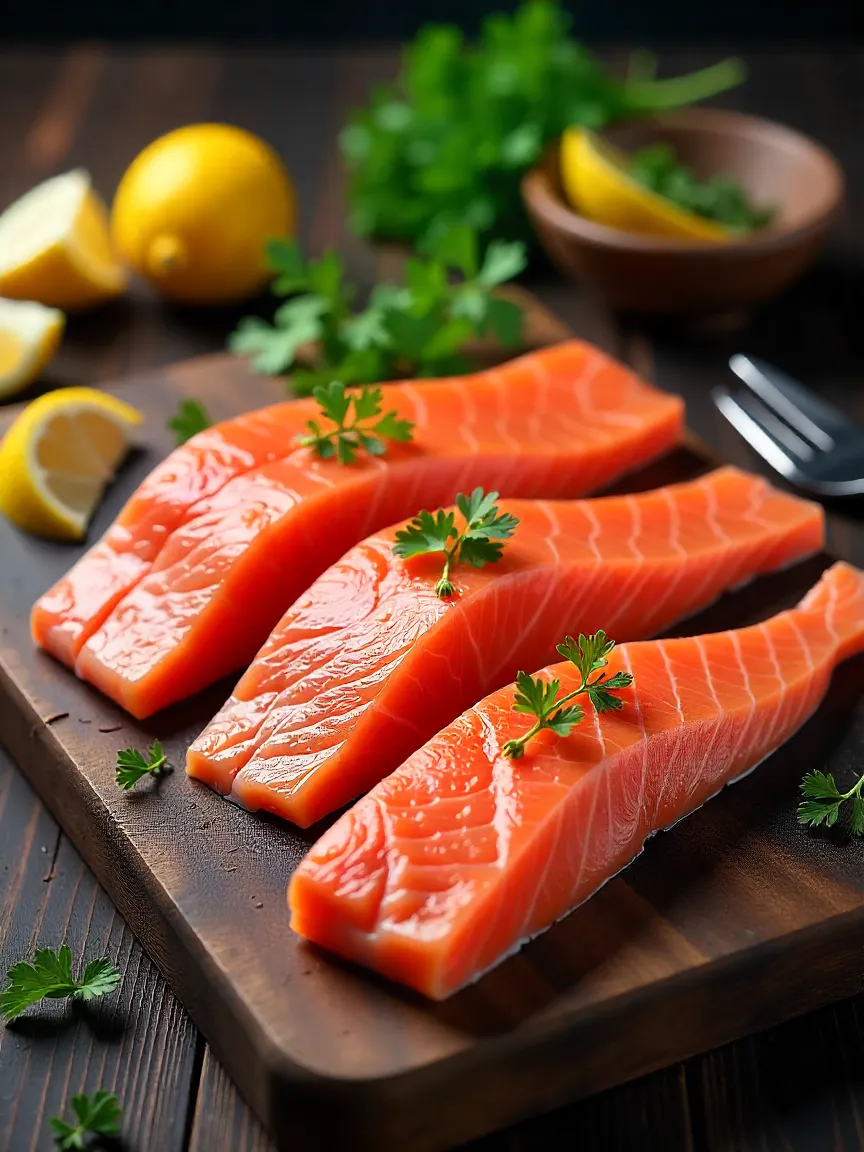 Fresh fish fillets, including tuna, salmon, and swordfish, displayed with clear eyes and shiny skin, ready for grilling with herbs and lemon slices in the background.
