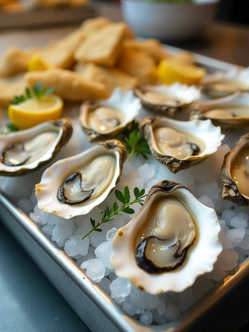 Fresh oysters on crushed ice with lemon wedges, showcasing clean, tightly closed shells for quality and freshness.