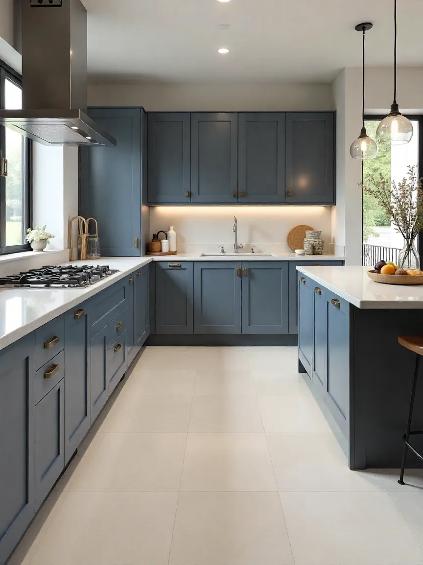 A modern kitchen with porcelain tile flooring, quartz and granite countertops, and stylish cabinetry, combining durability and elegance for a smart kitchen investment.