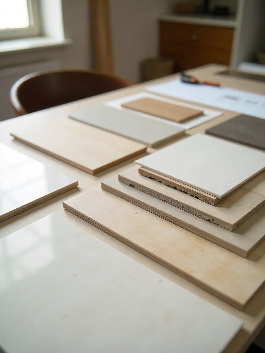 Porcelain, ceramic, and natural stone kitchen tile samples arranged with cabinet and paint swatches in a design planning setting.