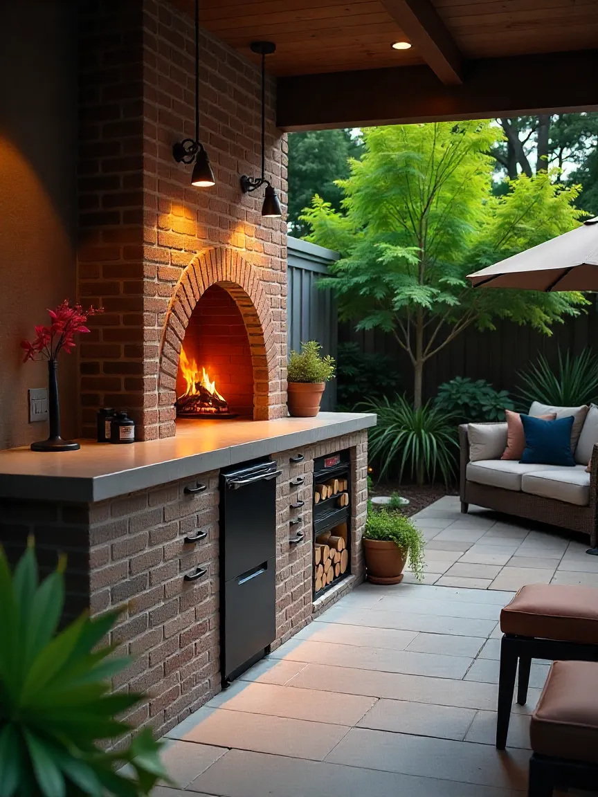 Built-in brick pizza oven and a compact freestanding oven displayed in a stylish outdoor kitchen and garden patio.