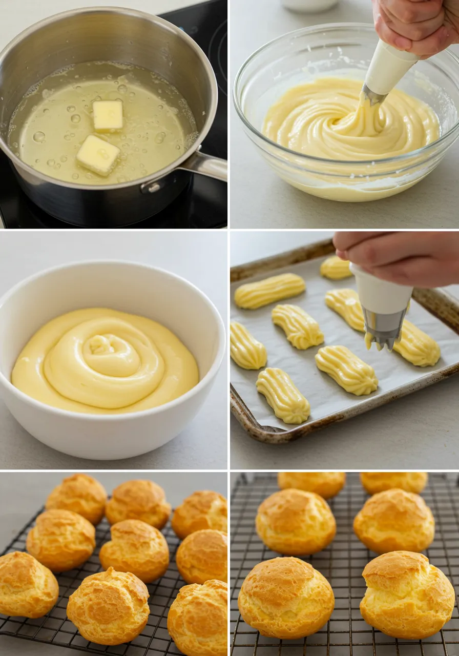 Golden, puffed choux pastry shells cooling on a rack with piping bag and saucepan in the background.