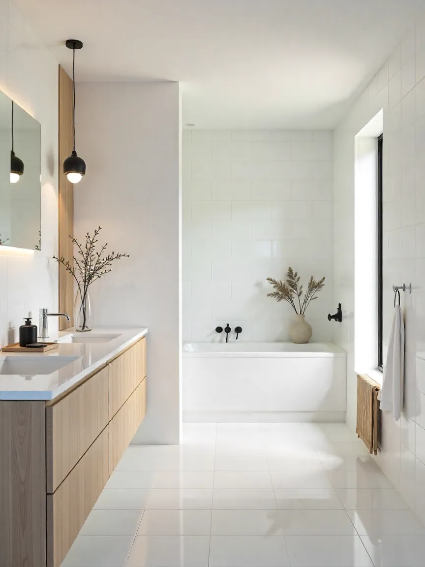 Modern kitchen and bathroom with white cladding sheets on walls, paired with wood and stone elements, creating a sleek, minimalist, and reflective atmosphere.