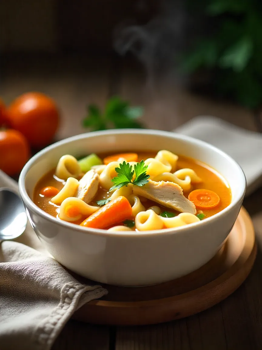 A steaming bowl of classic chicken noodle soup with chicken, noodles, carrots, celery, and fresh parsley on a rustic table.