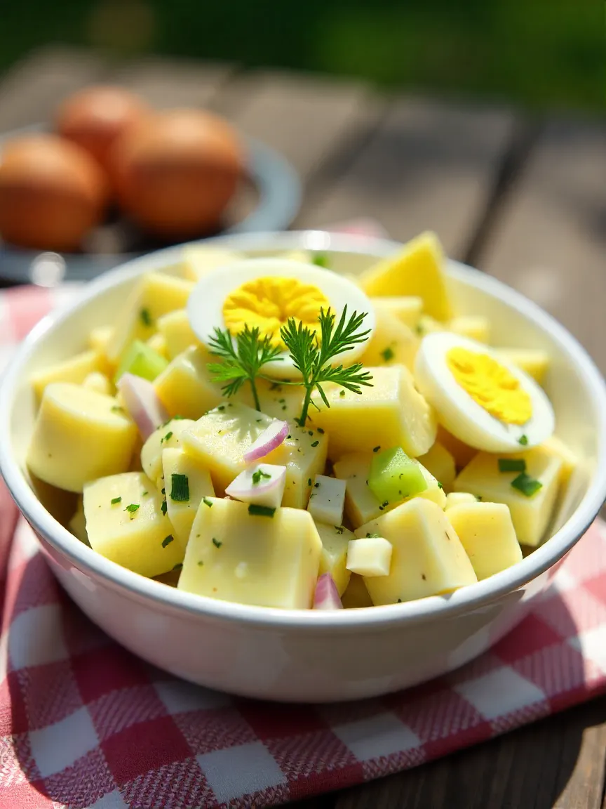 Creamy potato salad with celery, red onion, dill, and sliced eggs in a white bowl.