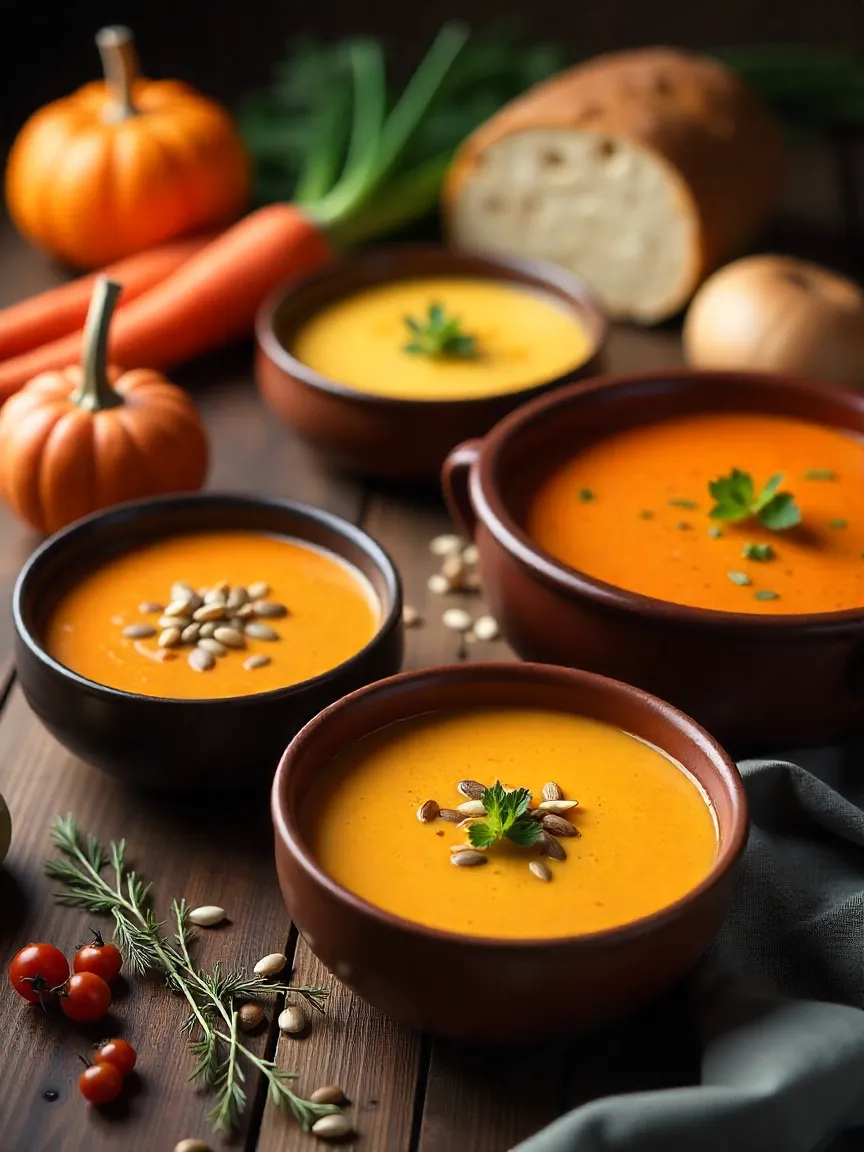 Four bowls of classic fall soups ā pumpkin, butternut squash, potato leek, and roasted tomato ā served on a rustic wooden table with autumn vegetables.