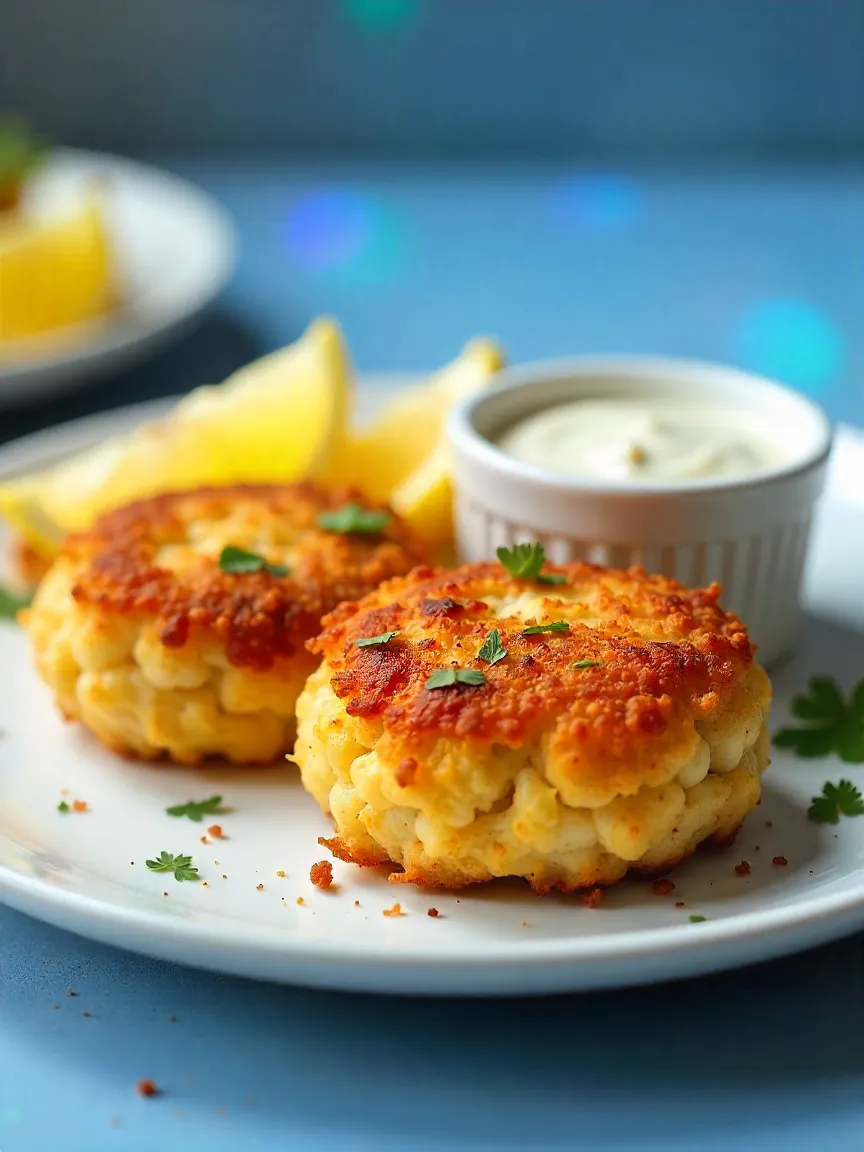 Classic Maryland crab cakes on a plate with lemon wedges, tartar sauce, and parsley garnish, showing their golden-brown crispy exterior and tender crab filling.