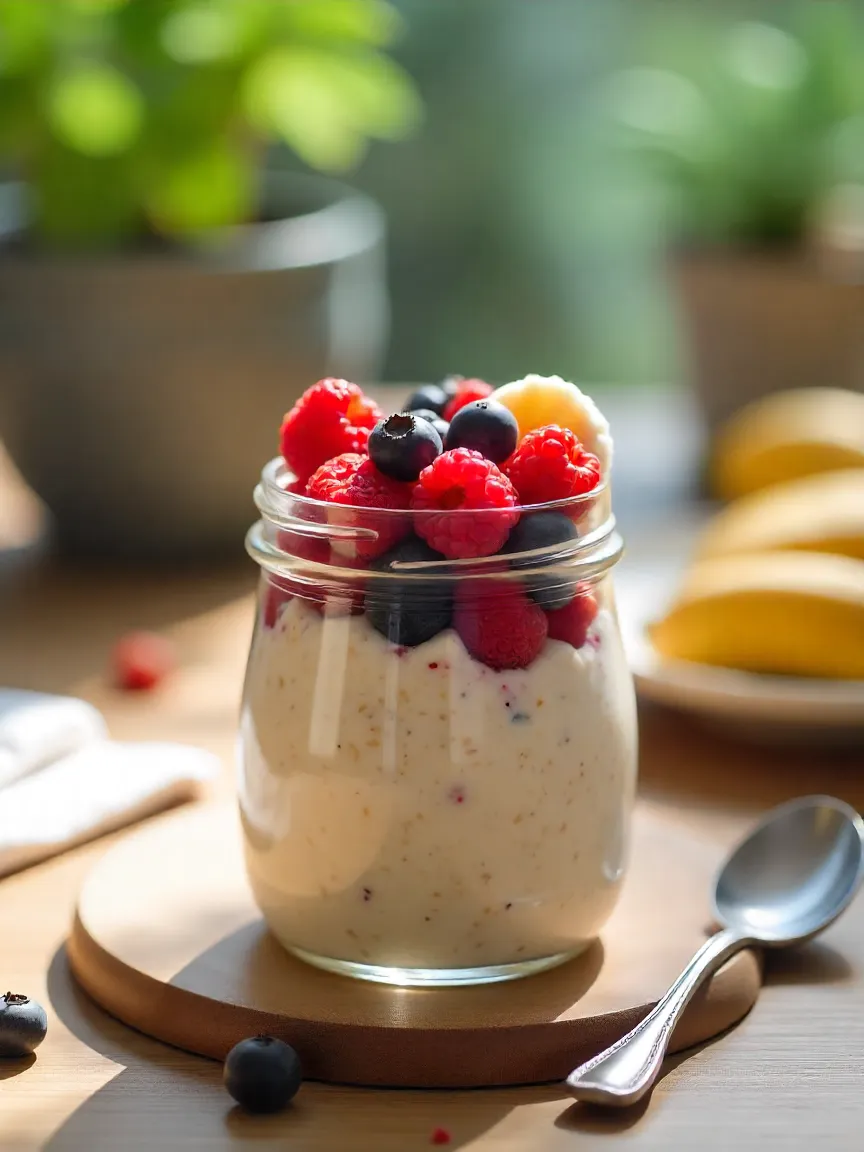 Jar of classic overnight oats topped with fresh fruits and chia seeds, a healthy and easy breakfast recipe for weight loss.