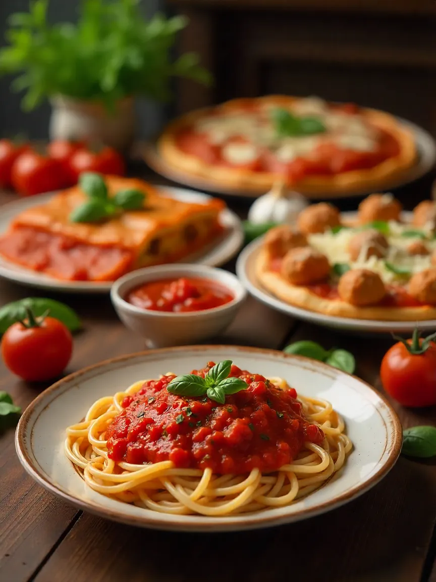 Classic tomato sauce served with spaghetti, pizza, meatballs, and baked ziti on a rustic kitchen table with fresh herbs and tomatoes.
