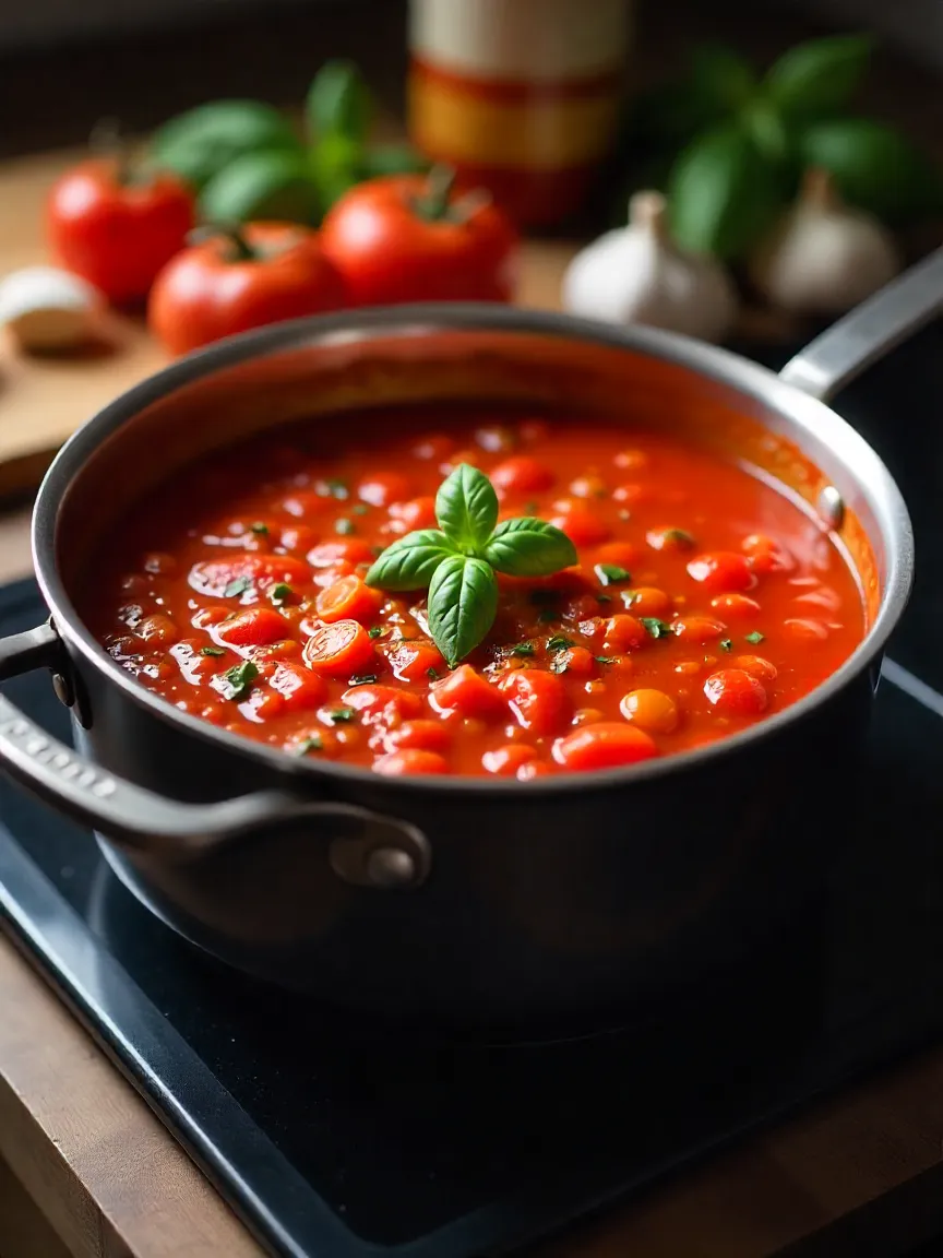 Classic tomato sauce simmering in a pot with fresh basil, garlic, and tomatoes nearby on a rustic kitchen counter.