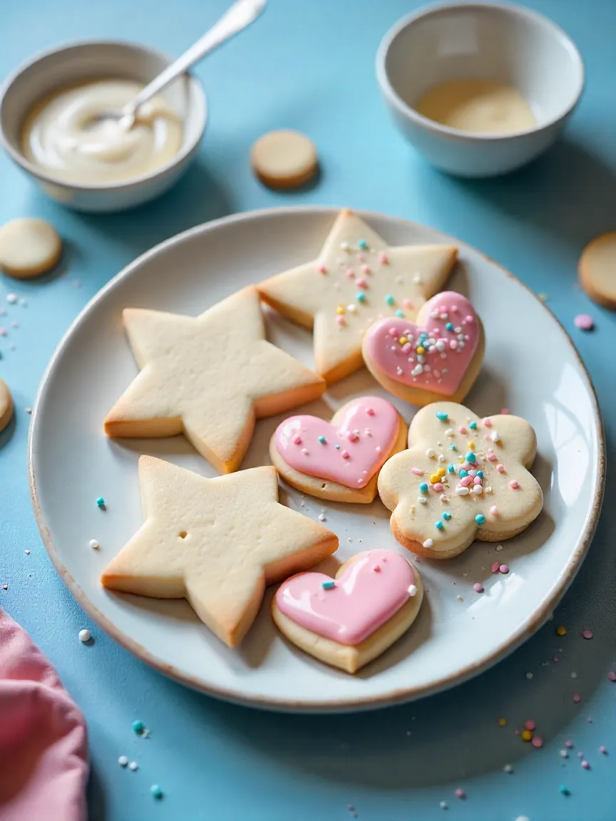 Classic vegan sugar cookies in fun shapes, decorated with colorful icing and sprinkles on a bright table.