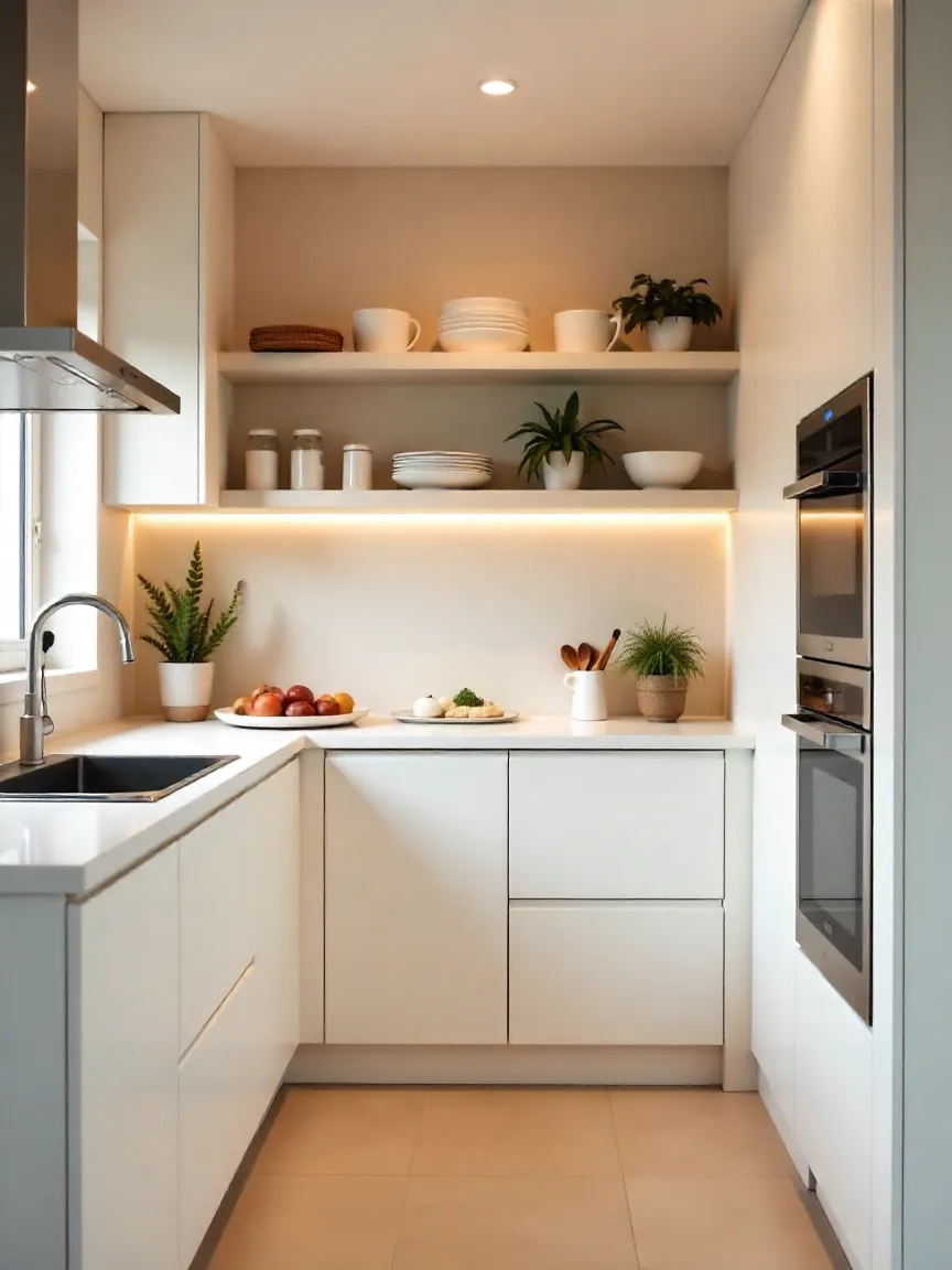 Small kitchen with hidden toe-kick drawers, corner shelves, and a slim pull-out pantry for efficient storage.