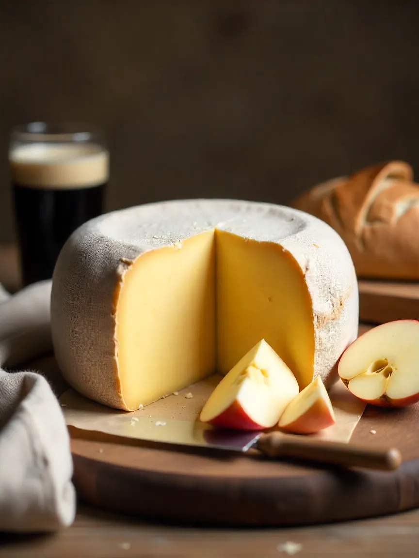 Wheel of clothbound cheddar with flaky interior, apples, bread, and dark ale on a rustic wooden board.
