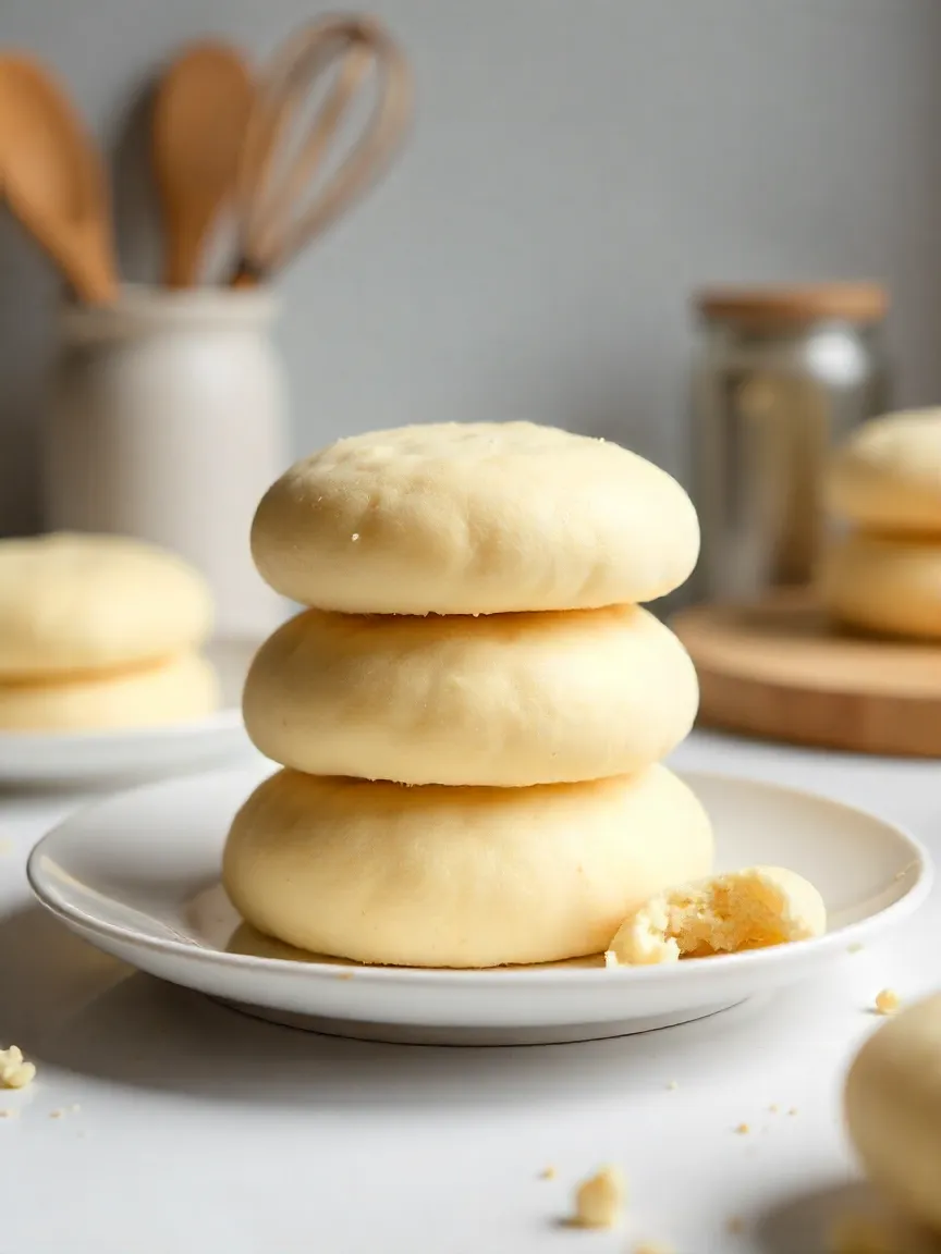Stack of pastel-colored cloud bread on a white plate, highlighting their light and airy texture in a bright, minimalist kitchen setting.