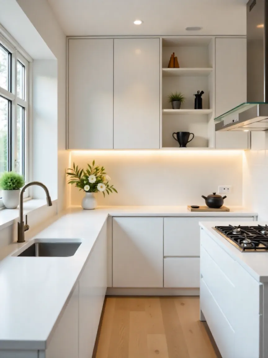 Minimalist kitchen with clutter-free white countertops and clean, modern design.