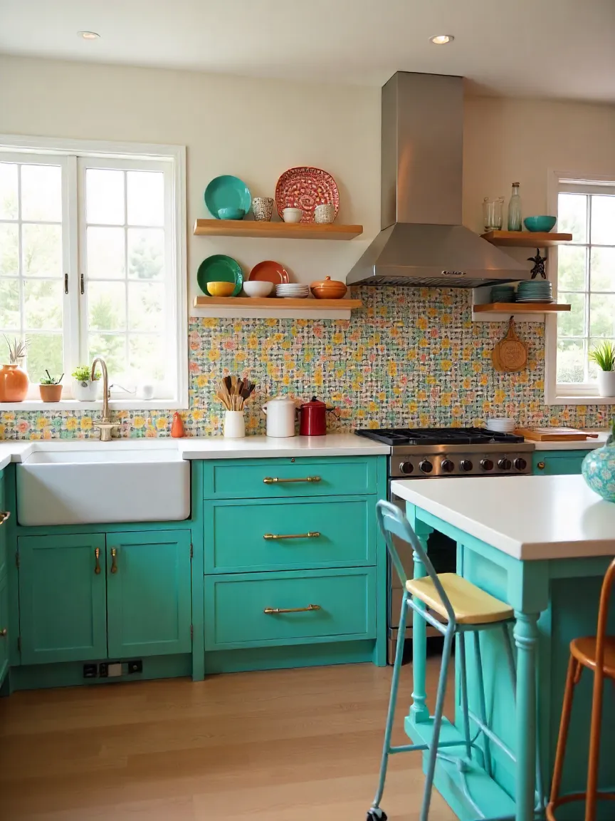 Modern kitchen with teal cabinets, colorful backsplash, and curated kitchenware, creating a lively and personalized design.