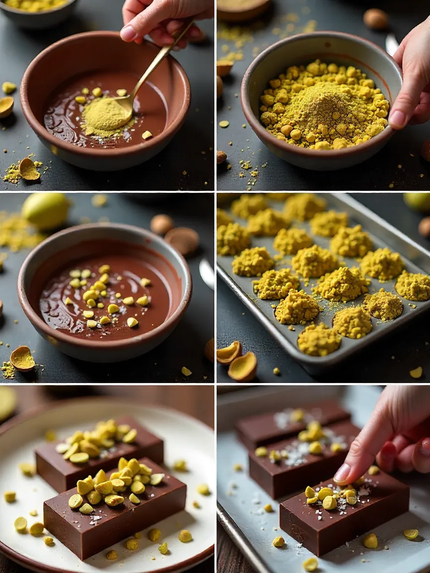 Mixing pistachio paste, tahini, kataifi, and chopped pistachios into melted chocolate, then pouring into molds and slicing chilled Dubai pistachio chocolate.