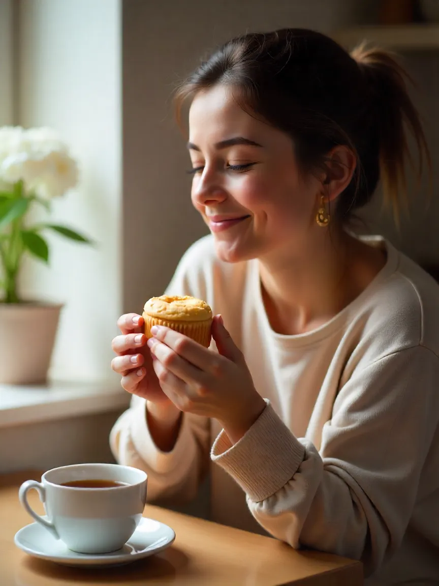 Person peacefully enjoying a mini sponge cake with a warm drink in a cozy, softly lit space.
