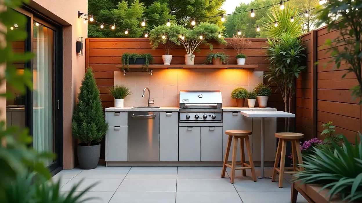 Compact outdoor kitchen on a small patio with grill, counter space, and string lights, showing a stylish and functional small-space design.