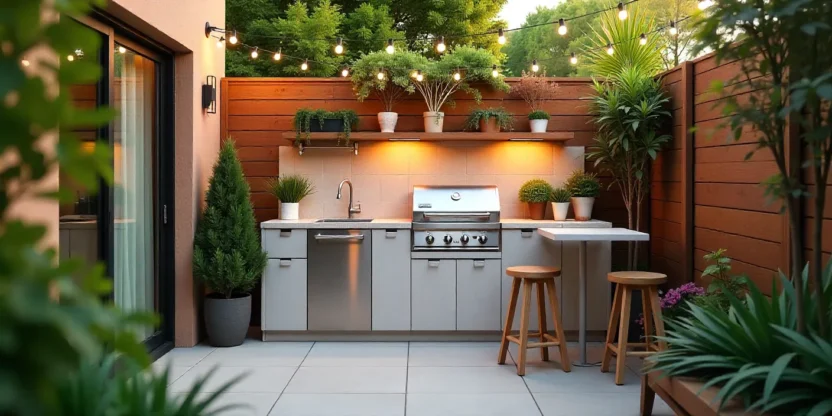 Compact outdoor kitchen on a small patio with grill, counter space, and string lights, showing a stylish and functional small-space design.