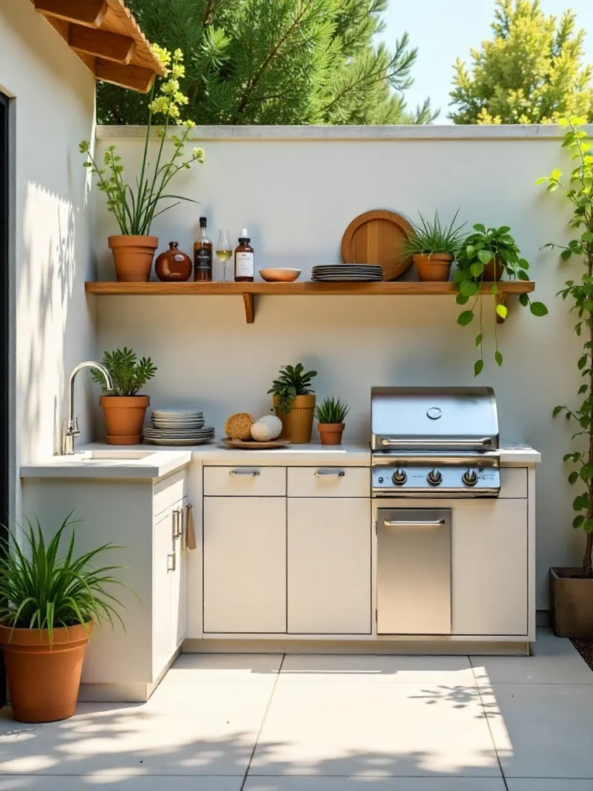 Compact outdoor kitchen with L-shaped counter, grill, mini fridge, and shelves, highlighting smart layout and design essentials for small spaces.