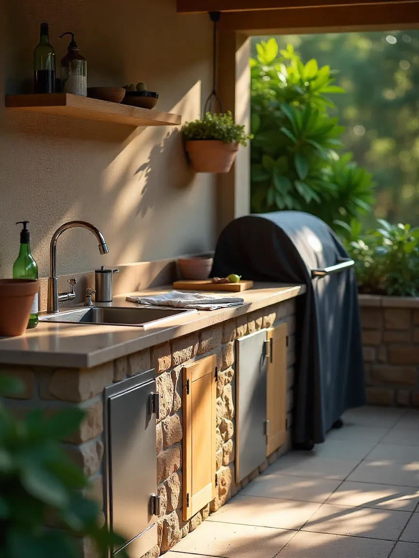 Compact outdoor kitchen with grill, sink, and counters being cleaned, showing practical maintenance tips like covering appliances and organizing tools.