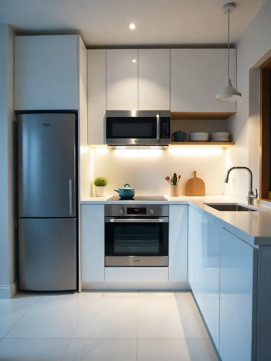 Compact appliances in a modern small kitchen with stainless steel finishes and open shelving.