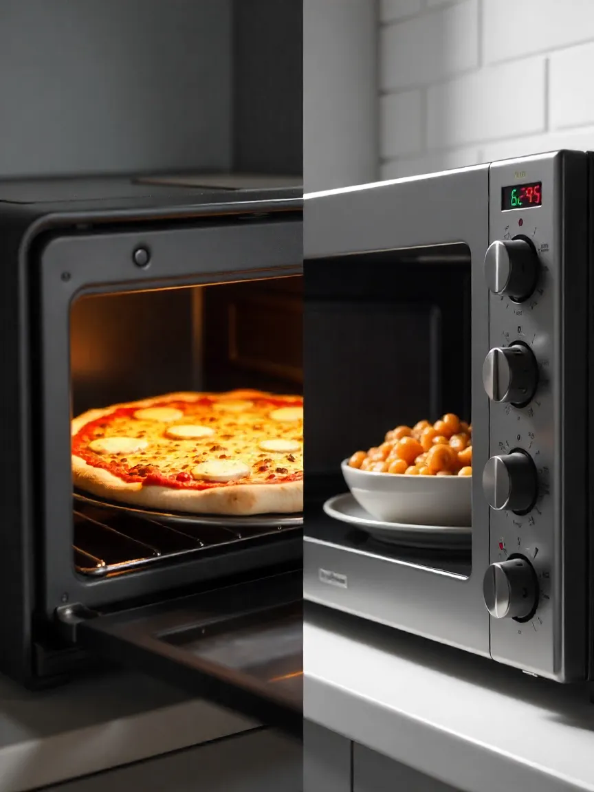 Side-by-side comparison of an OTG baking pizza and a microwave reheating pasta. 