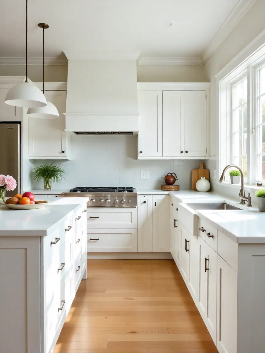 Modern remodeled kitchen with quartz countertops, white cabinets, marble backsplash, and hardwood flooring.