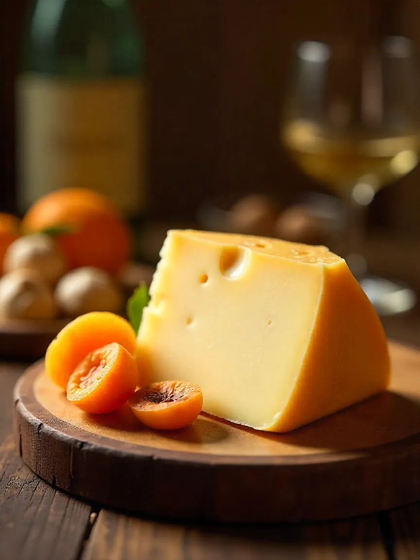 Wedge of Comté cheese with dried apricots, hazelnuts, and Chardonnay on a rustic cheeseboard.