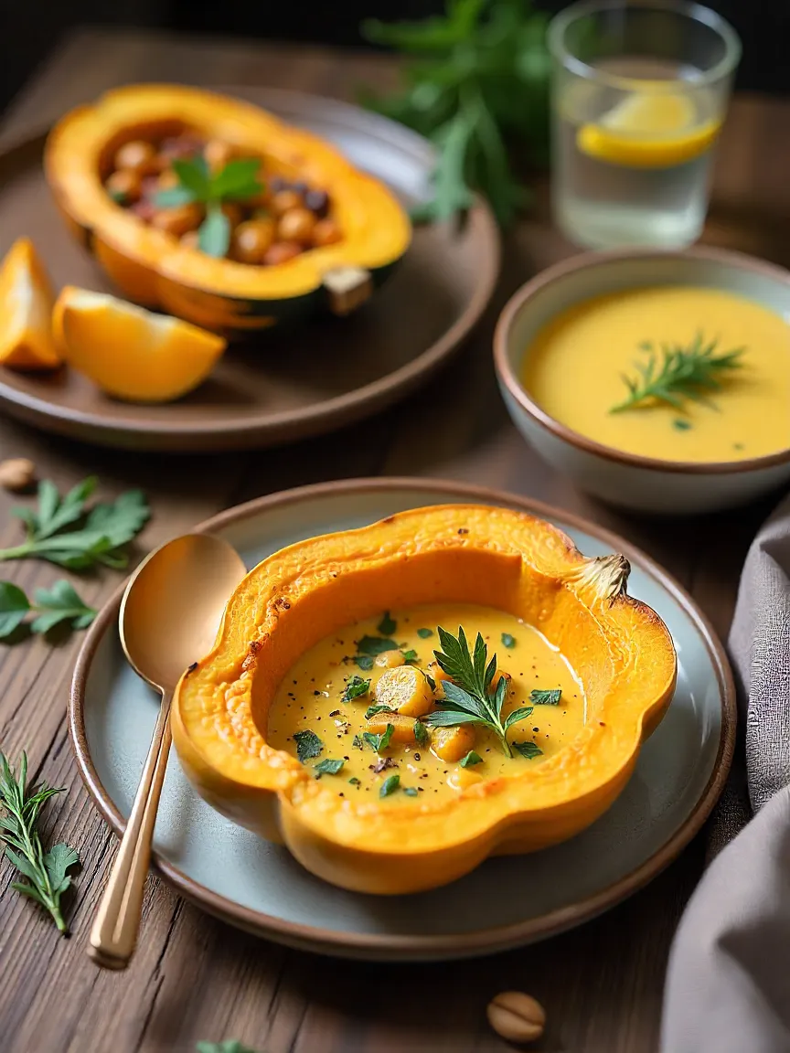 Healthy acorn squash dishes including stuffed squash, roasted wedges, and creamy soup served on a rustic table, highlighting nutritious cooking.