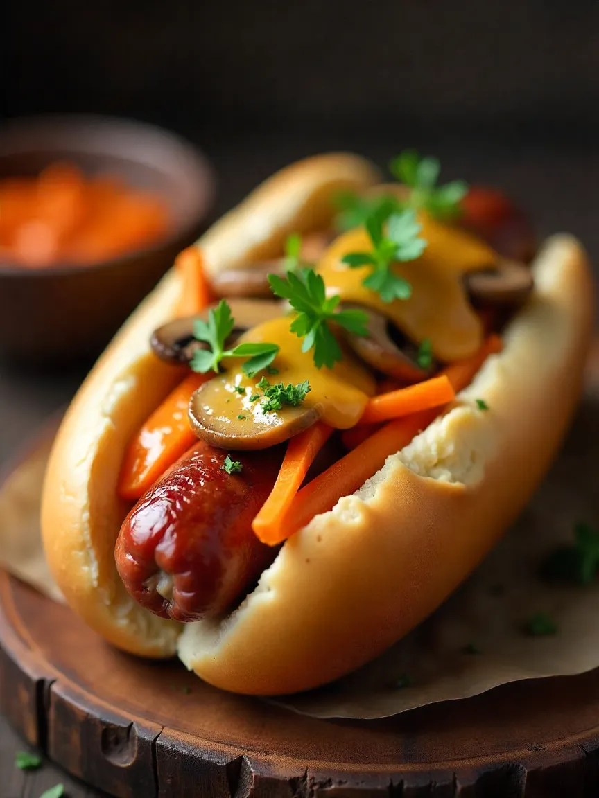 A freshly assembled gourmet hot dog with sausage, sautéed mushrooms, Korean carrots, and melted cheese, arranged in a soft toasted bun with fresh herbs for garnish.