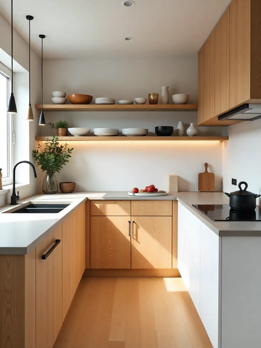 Modern Scandinavian kitchen with light wood cabinets, matte white finishes, black fixtures, and concrete counters in a bright, minimalist space.