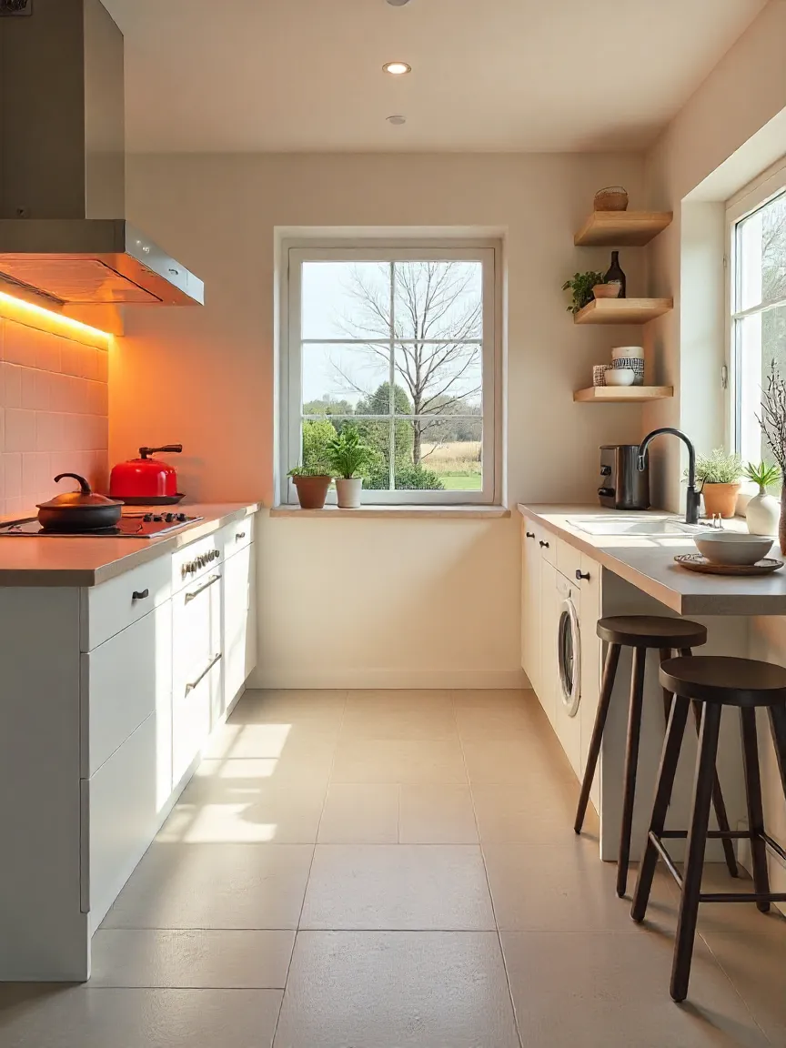 Modern kitchen with porcelain tile, engineered wood, and polished concrete flooring options on display.