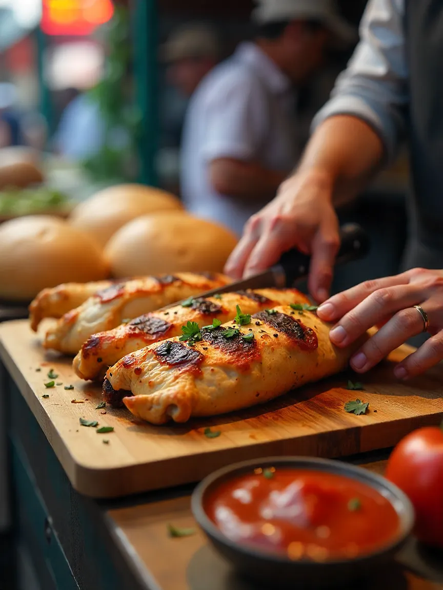 Grilled shawarma chicken being sliced with pita bread, sauces, and vegetables ready for assembly.