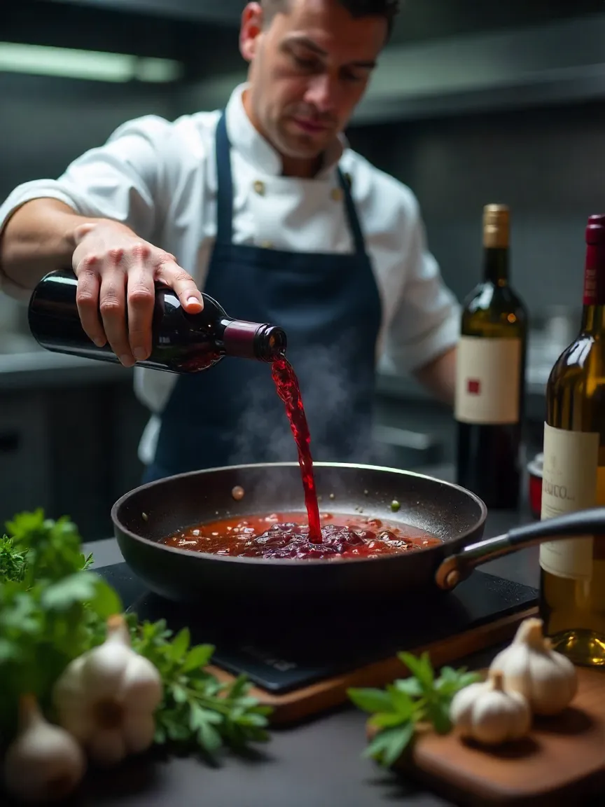 Chef pouring red wine into a hot pan for deglazing, with fresh herbs and wine bottles nearby, showcasing cooking techniques with wine.