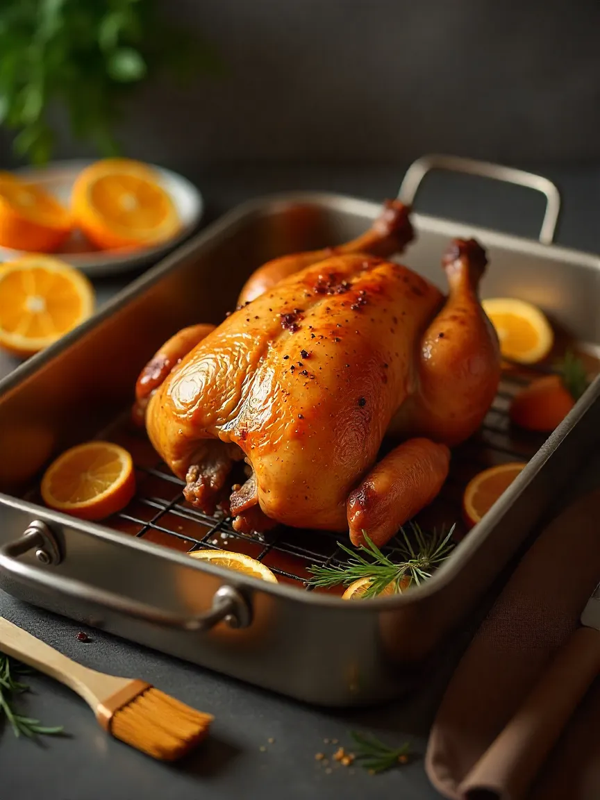 Golden-brown duck roasting in the oven with orange glaze, surrounded by fresh oranges and herbs, showing crispy skin and caramelized finish.