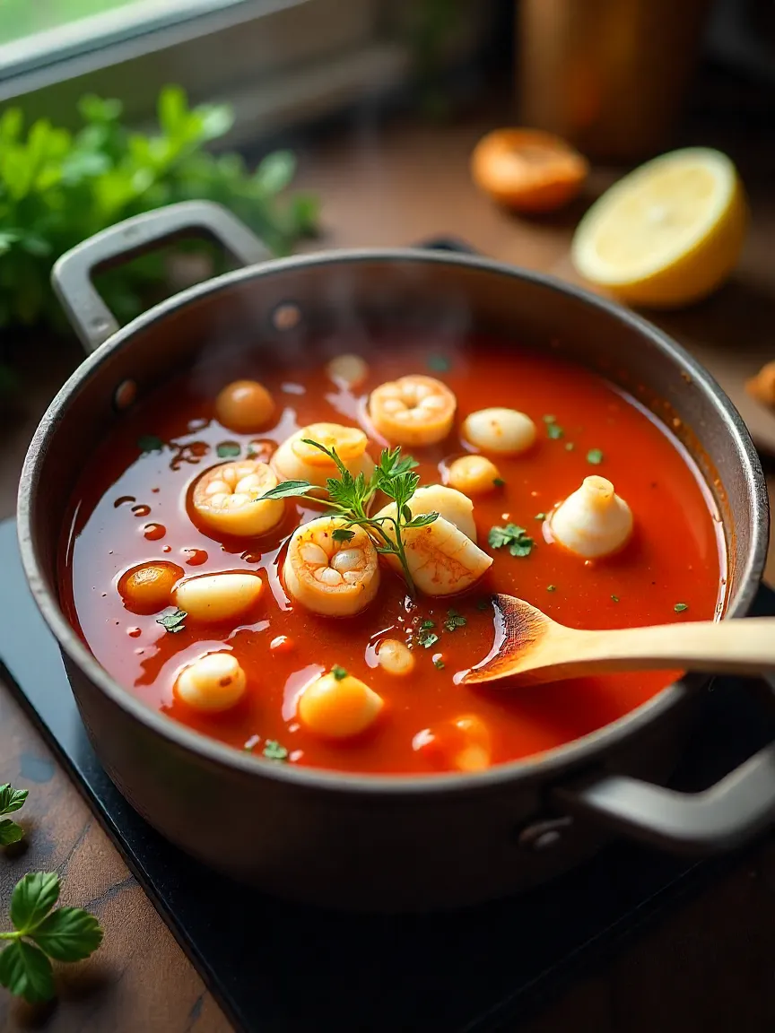 Tomato seafood soup simmering with fish, shrimp, mussels, and scallops in a large pot.